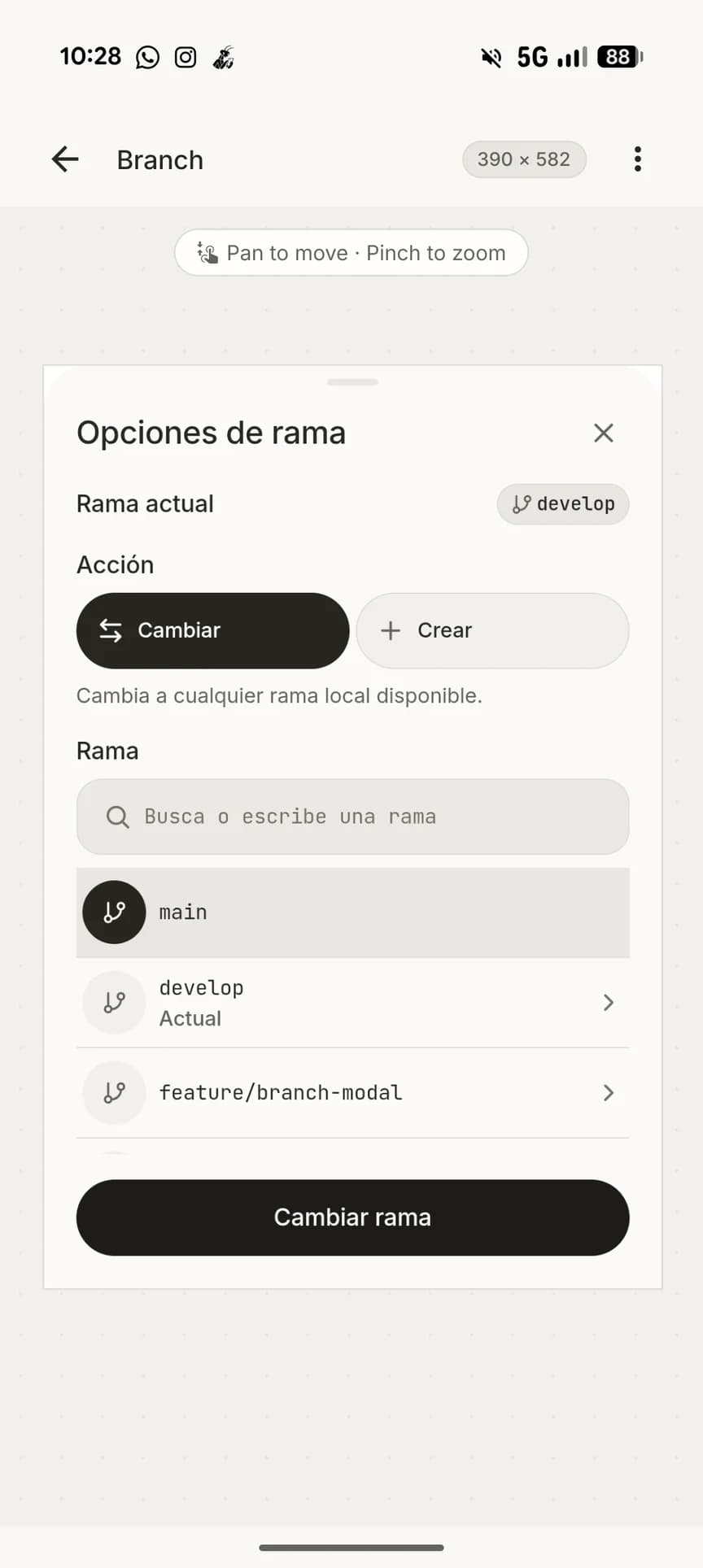 Prototipo de un selector de ramas sobre el canvas de Mantis Code