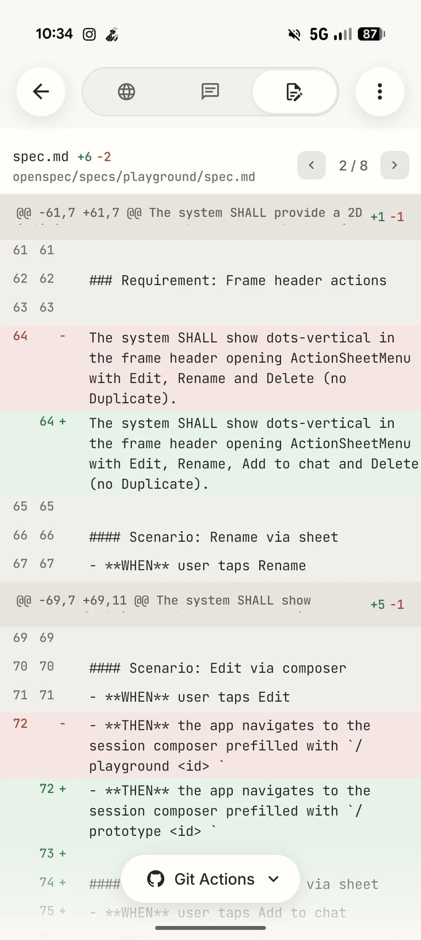 Diff real de Mantis Code con líneas añadidas y eliminadas